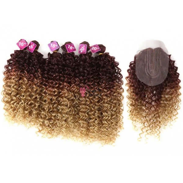 Extensii de par Afro Hair Weave Kinky Curly cu Closure de 40 cm Ombre Castaniu Inchis cu Blond Inchis Cod 50085135